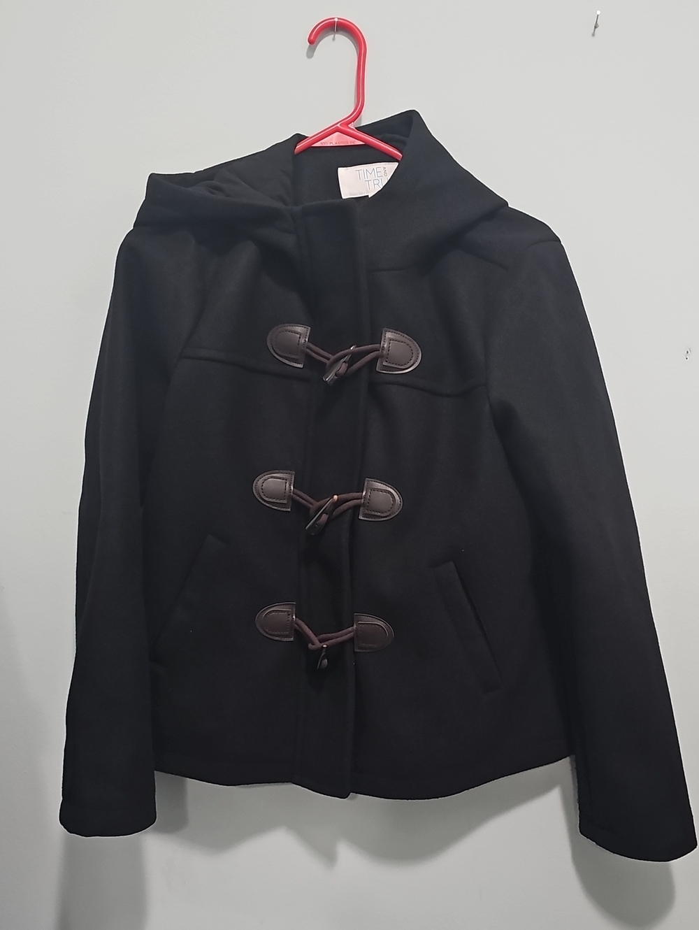 Women's Time And Tru New Small Black Hooded Toggle Wool-Blend Peacoat Coat